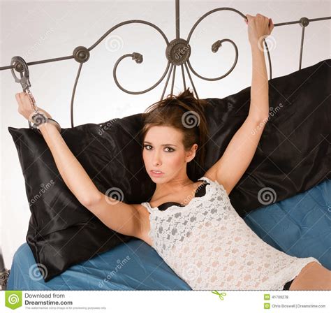 Pretty Woman Angry Restrained Handcuffs Wrought Iron Bed