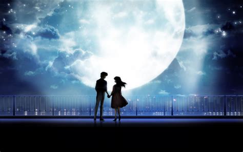 anime art anime couple holding hands moonlight desktop p