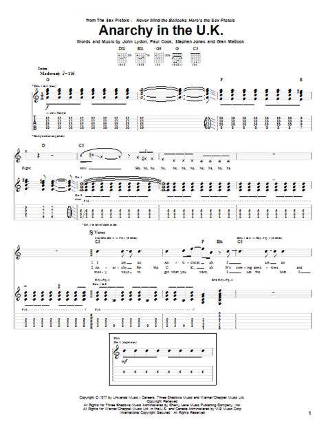 Anarchy In The U K By Sex Pistols Guitar Tab Guitar Instructor
