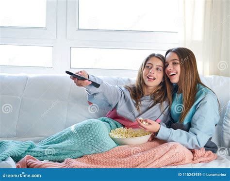 Best Friend Girls Watching Tv Cinema Best Friend Girls Watching Stock