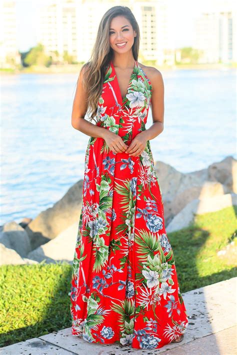 red tropical halter neck maxi dress maxi dress printed