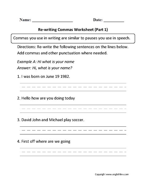 commas worksheets  writing commas worksheets part