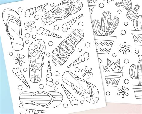 summer doodle coloring pages set   printable summer etsy