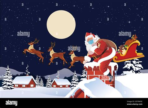 Vector Of Santa Claus Arriving By Sleigh Ready To Go Down Chimney Stock