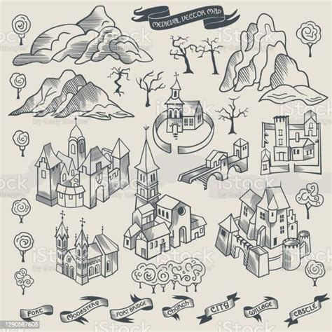 medieval map elements engraving  woodcut style vector cartography illustration stock