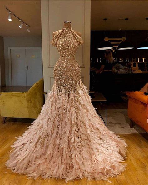 feather evening dresses luxury sparkly champagne high neck modest  inspirationalbridal