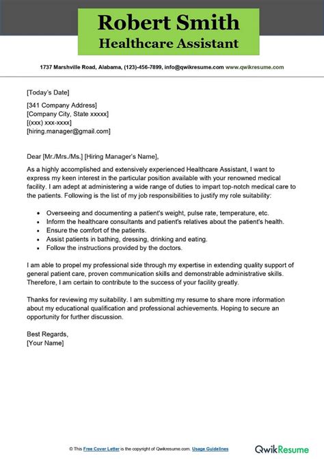 healthcare assistant cover letter examples qwikresume
