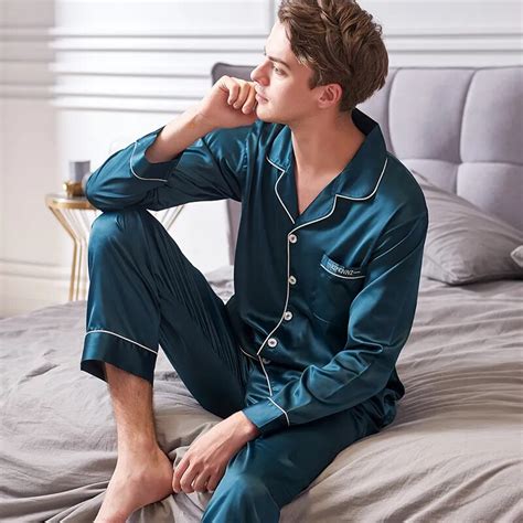 xifenni faux silk pajamas male  autumn  silky ice silk sleepwear man long sleeve solid