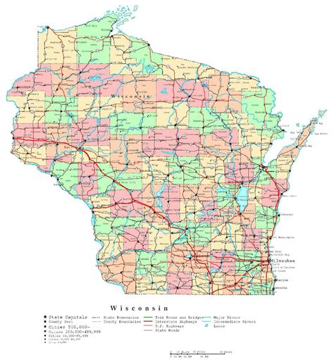 large detailed administrative map  wisconsin state  roads