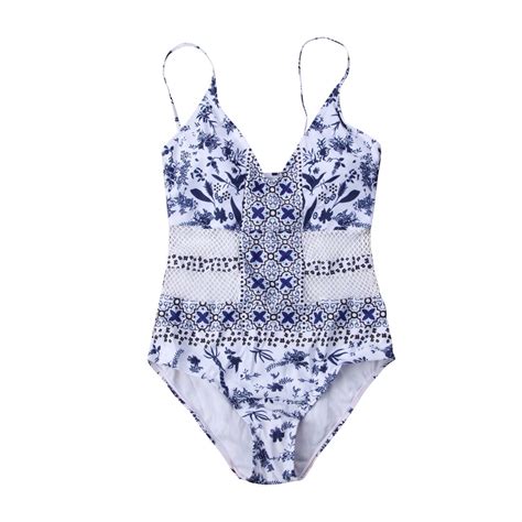 hot women print mesh patchwork bathing suit one piece swimsuit push up