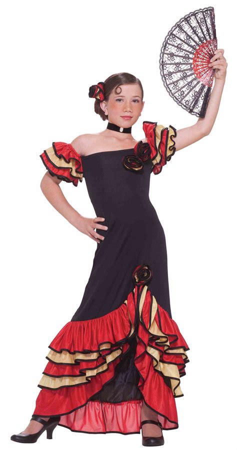 girls spanish flamenco dancer costume salsa red yellow fancy dress