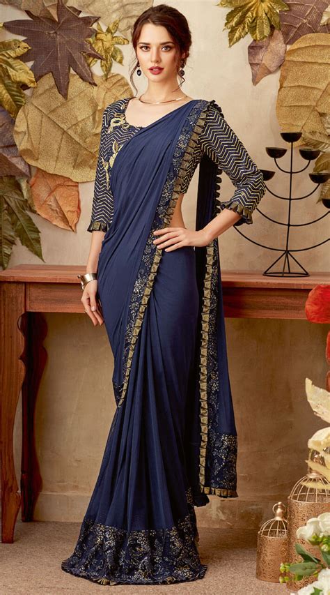 wedding wear lycra blue designer blouse saree ms500655