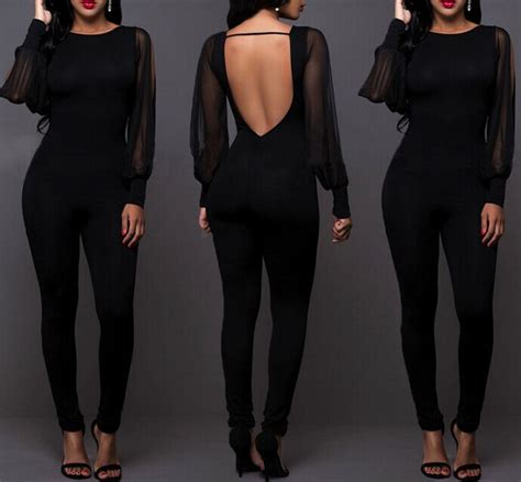 sexy women ladies clubwear black mesh long pants jumpsuit playsuit