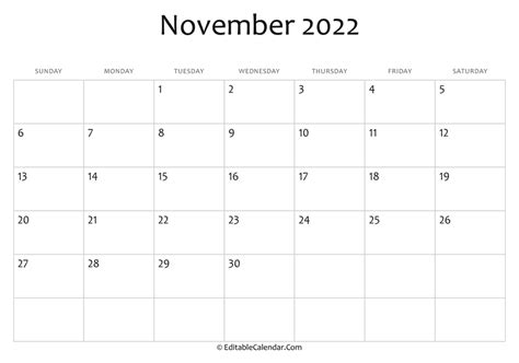 november  printable calendar  holidays
