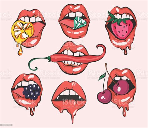 Set Of Sexy Pop Art Lips Vector Illustrations Stock