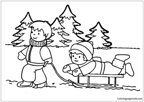 boy  girl playing snow   winter coloring page