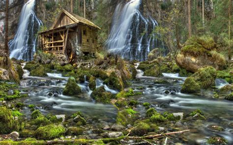 river forest waterfalls a water mill stones moss