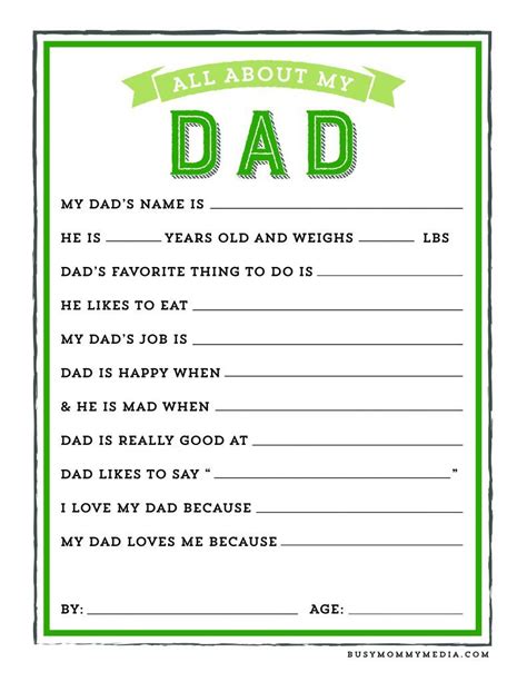 printable dad questionnaire web  perfect gift  fathers day