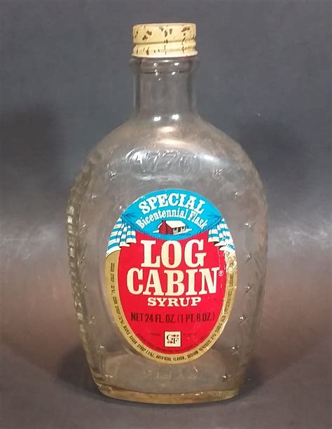 vintage log cabin syrup bottle  special bicentennial glass flask  label  lid