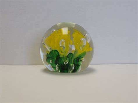Handblown Art Glass Round Paperweight Yellow Flowers With Etsy