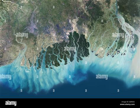 satellite view   ganges river delta bangladesh india  stock