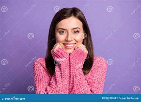 photo portrait of cute nice brunette girl wearing pink outfit smiling
