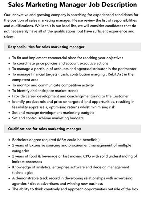 Sales Marketing Manager Job Description Velvet Jobs