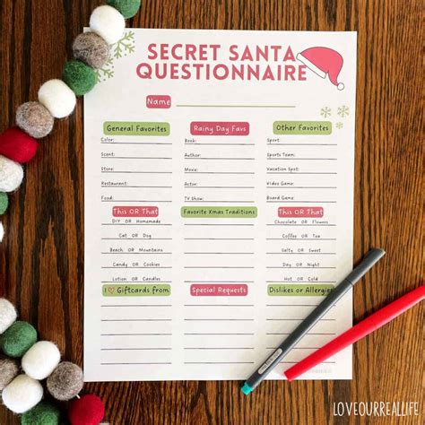 secret santa questionnaire printable templates love  real life