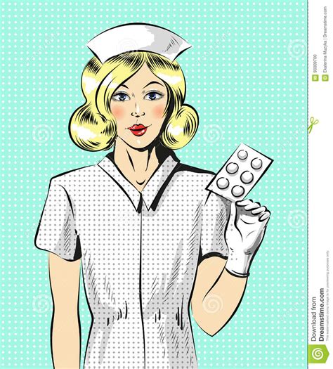 Vector Pop Art Illustration Of Beautiful Nurse With Pills
