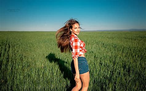 hd wallpaper girl grass shorts sky long hair legs field photo