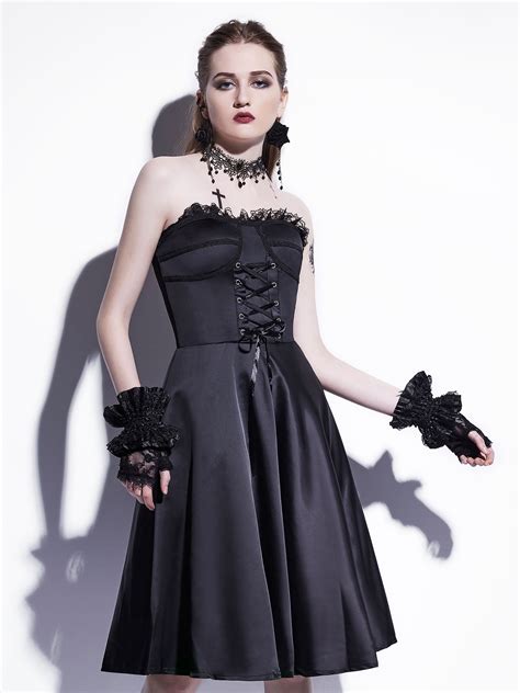 gothic vintage dress black strapless retro sleeveless lace  straps