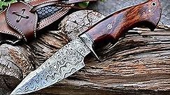 BIGCAT ROAR 10″ PATENTED Handmade Damascus Hunting Knife with Leather Sheath - Ideal for Skinning, Camping, Outdoor - EDC Fixed Blade Bushcraft Knife with Walnut Wood Handle - Predator Hunter