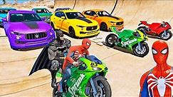 CARROS e MOTOS com HOMEM ARANHA e SUPER HERÓIS! Desafio de Super Carros e MOTOS na Rampa - IR GAMES