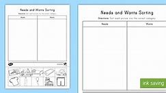Needs and Wants Cut and Paste Sorting Activity for K-2nd Grade