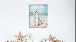 Abstract Beach Artwork Ocean Picture: Hand Painted Modern Women & Umbrella Sea Print Coastal Framed Wall Art on Canvas Framed Art for Bedroom (45” x30” x1 Panel)
