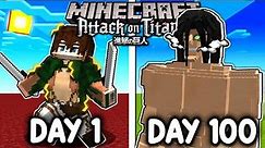 I Survived 100 DAYS as EREN YEAGER in Attack On Titan Minecraft!