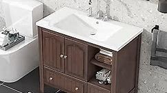 Merax 36 Inch Bathroom Vanity Cabinet with Ceramic Sink, Drawers and Doors, Adjustable Shelf, Solid Wood Frame, Modern Style, Brown
