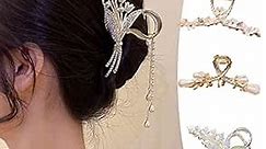 3 PCS Metal Hair Claw Clips Shiny Rhinestone Pearl Flower Large Non-Slip Barrette Clamps Hair Strong Hold Cute Hair Accessories for Women 016
