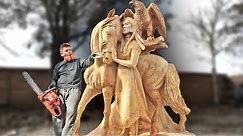 AMAZING CHAINSAW wood carving, Native American girl with horse and eagle