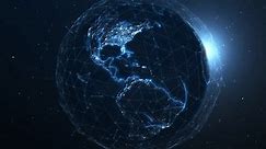 Digital planet with connecting lines linking different cities. Concept of data exchange, information distribution, global grid, data transfer, international trade. Worldwide internet network, 4k.