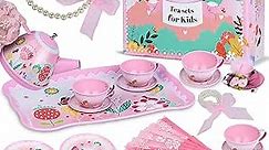 Tea Set for Little Girls, Princess Tea Time Toys Playset- Tin Tea Set with Necklace, Bracelet, Princess Hairclip, Teapot, Cup, Plate, Carrying Case, Birthday Gifts for Kids Toddler Age
