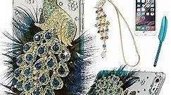 Case for iPhone 6 Plus and iPhone 6S Plus ,Mavis's Diary 3D Handmade Bling Crystal Luxury Feather Peacock Shiny Blue Gems Glitter Diamond Clear Hard PC Cover with Dust Plug,Stylus,Screen Protector