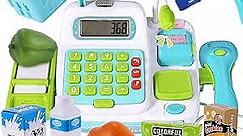 BUYGER Kids Pretend Play Cash Register for Kids with Scanner and Credit Card Calculator Play Food Money Supermarket Grocery Toys Playset for Kids Ages 4-8 3 4 5 + Years Old