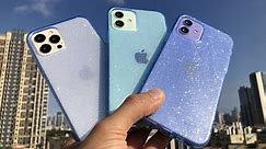 Blue glitter case on gold/green/purple iPhone