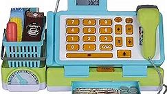 Playkidz Interactive Toy Cash Register for Kids - Sounds & Early Learning Play Includes Play Money Handheld Real Scanner Working Scale & Calculator, Live Microphone Food Boxes Plastic Fruit & Basket
