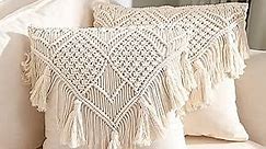 Macrame Throw Pillow Cushion Covers , Woven Boho Bed Sofa Couch Bench Car Home Decor, Comfy Square Pillow Cases with Tassels, Set of 2 Decorative Pillowcase (17X17 inch, Cream)