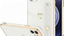 LLZ.COQUE Compatible with iPhone 12 Case for Women Girls, Bling Luxury Plated Bumper with Cute Love-Heart Design, Adjustable Hand Strap Stand, Raised Edges Shockproof Protection for iPhone 12 - White
