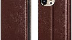 Belemay Case for iPhone 14 Pro Max Case Wallet-Genuine Leather Flip Phone Case-RFID Blocking Card Holders-Shockproof TPU Shell Folio Cover Women Men Compatible with iPhone 14 Pro Max (6.7-inch) Brown