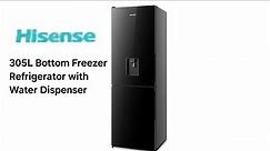Overview of Hisense 305L bottom freezer refrigerator with water dispenser HISREF308DR