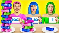 Pink VS Green VS Blue Food Challenge | 100 Layers of 1 Colored Sweets 24 HRS by RATATA CHALLENGE